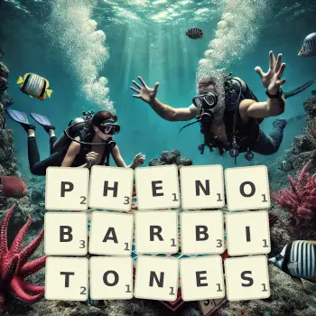 Creative illustration for a Scrabble game with the word PHENOBARBITONES spelled out in tiles on the board.