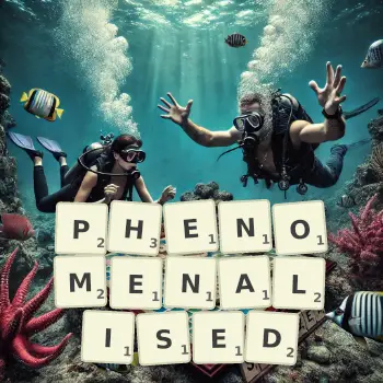 Creative illustration for a Scrabble game with the word PHENOMENALISED spelled out in tiles on the board.