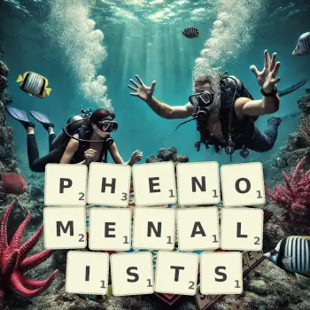 Creative illustration for a Scrabble game with the word PHENOMENALISTS spelled out in tiles on the board.
