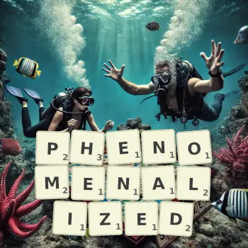 Creative illustration for a Scrabble game with the word PHENOMENALIZED spelled out in tiles on the board.
