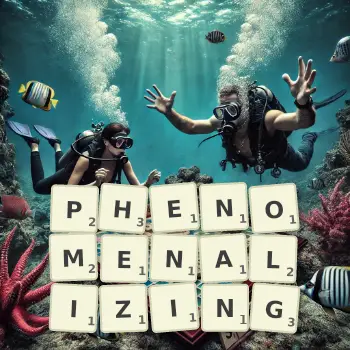 Creative illustration for a Scrabble game with the word PHENOMENALIZING spelled out in tiles on the board.