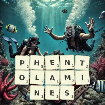 Creative illustration for a Scrabble game with the word PHENTOLAMINES spelled out in tiles on the board.