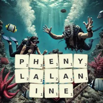 Creative illustration for a Scrabble game with the word PHENYLALANINE spelled out in tiles on the board.