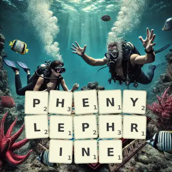 Creative illustration for a Scrabble game with the word PHENYLEPHRINE spelled out in tiles on the board.
