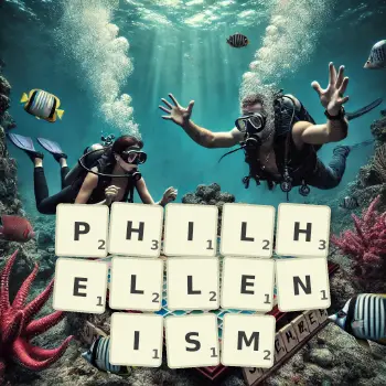 Creative illustration for a Scrabble game with the word PHILHELLENISM spelled out in tiles on the board.