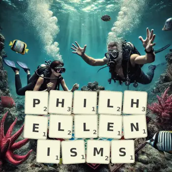 Creative illustration for a Scrabble game with the word PHILHELLENISMS spelled out in tiles on the board.