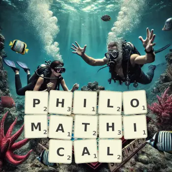 Creative illustration for a Scrabble game with the word PHILOMATHICAL spelled out in tiles on the board.