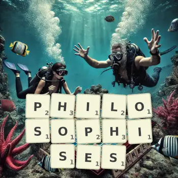 Creative illustration for a Scrabble game with the word PHILOSOPHISES spelled out in tiles on the board.