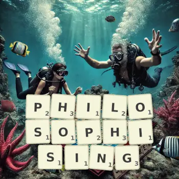Creative illustration for a Scrabble game with the word PHILOSOPHISING spelled out in tiles on the board.