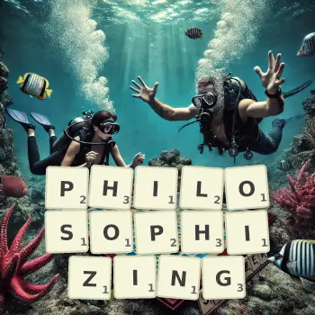 Creative illustration for a Scrabble game with the word PHILOSOPHIZING spelled out in tiles on the board.
