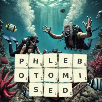Creative illustration for a Scrabble game with the word PHLEBOTOMISED spelled out in tiles on the board.