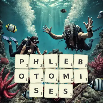 Creative illustration for a Scrabble game with the word PHLEBOTOMISES spelled out in tiles on the board.