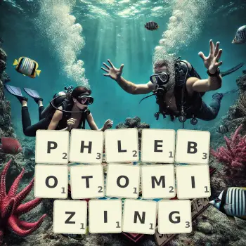 Creative illustration for a Scrabble game with the word PHLEBOTOMIZING spelled out in tiles on the board.