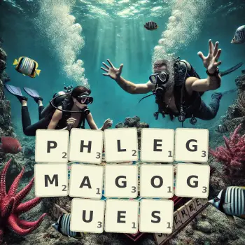 Creative illustration for a Scrabble game with the word PHLEGMAGOGUES spelled out in tiles on the board.