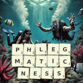 Creative illustration for a Scrabble game with the word PHLEGMATICNESS spelled out in tiles on the board.
