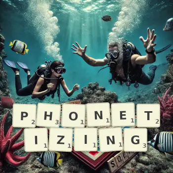 Creative illustration for a Scrabble game with the word PHONETIZING spelled out in tiles on the board.