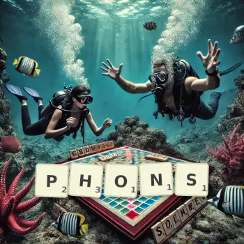 Creative illustration for a Scrabble game with the word PHONS spelled out in tiles on the board.