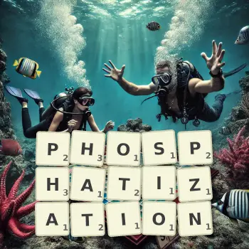 Creative illustration for a Scrabble game with the word PHOSPHATIZATION spelled out in tiles on the board.