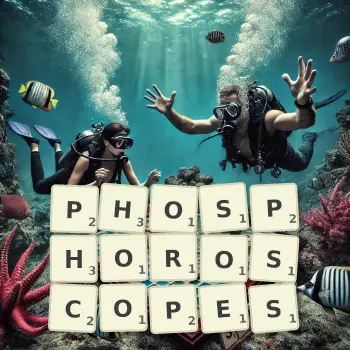 Creative illustration for a Scrabble game with the word PHOSPHOROSCOPES spelled out in tiles on the board.