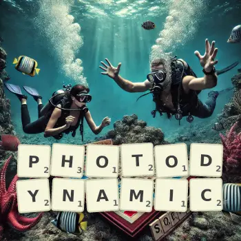 Creative illustration for a Scrabble game with the word PHOTODYNAMIC spelled out in tiles on the board.