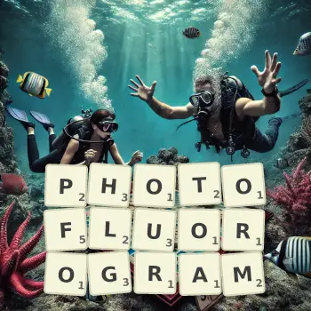 Creative illustration for a Scrabble game with the word PHOTOFLUOROGRAM spelled out in tiles on the board.