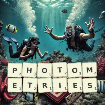 Creative illustration for a Scrabble game with the word PHOTOMETRIES spelled out in tiles on the board.