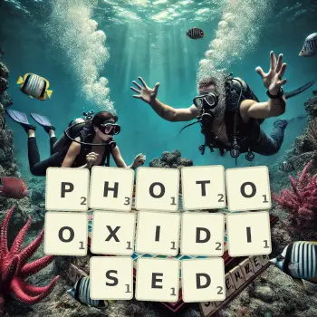 Creative illustration for a Scrabble game with the word PHOTOOXIDISED spelled out in tiles on the board.