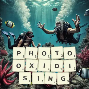 Creative illustration for a Scrabble game with the word PHOTOOXIDISING spelled out in tiles on the board.
