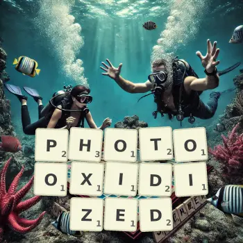 Creative illustration for a Scrabble game with the word PHOTOOXIDIZED spelled out in tiles on the board.