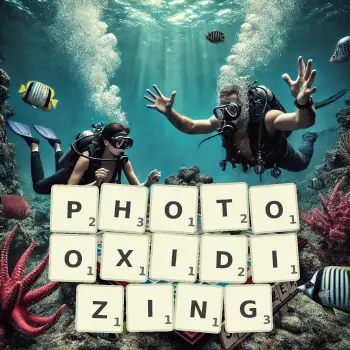 Creative illustration for a Scrabble game with the word PHOTOOXIDIZING spelled out in tiles on the board.