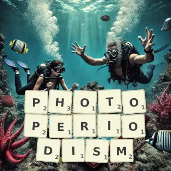 Creative illustration for a Scrabble game with the word PHOTOPERIODISM spelled out in tiles on the board.