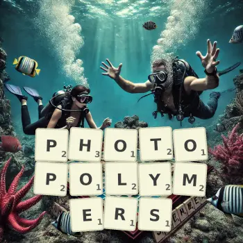Creative illustration for a Scrabble game with the word PHOTOPOLYMERS spelled out in tiles on the board.