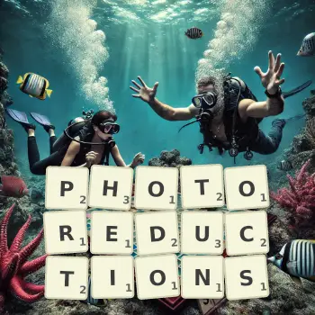 Creative illustration for a Scrabble game with the word PHOTOREDUCTIONS spelled out in tiles on the board.