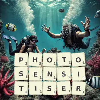 Creative illustration for a Scrabble game with the word PHOTOSENSITISER spelled out in tiles on the board.