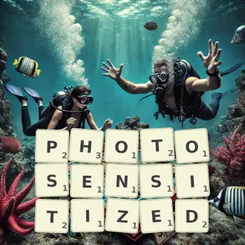 Creative illustration for a Scrabble game with the word PHOTOSENSITIZED spelled out in tiles on the board.