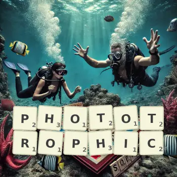 Creative illustration for a Scrabble game with the word PHOTOTROPHIC spelled out in tiles on the board.