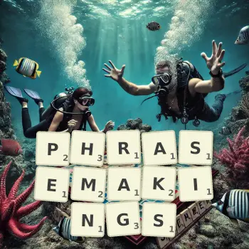 Creative illustration for a Scrabble game with the word PHRASEMAKINGS spelled out in tiles on the board.