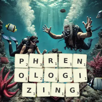 Creative illustration for a Scrabble game with the word PHRENOLOGIZING spelled out in tiles on the board.