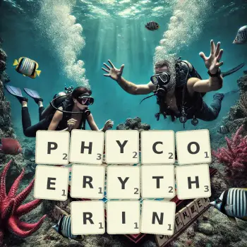 Creative illustration for a Scrabble game with the word PHYCOERYTHRIN spelled out in tiles on the board.