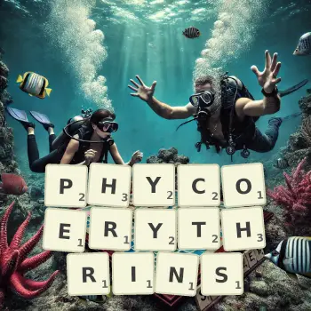 Creative illustration for a Scrabble game with the word PHYCOERYTHRINS spelled out in tiles on the board.