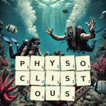 Creative illustration for a Scrabble game with the word PHYSOCLISTOUS spelled out in tiles on the board.