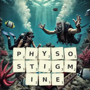 Creative illustration for a Scrabble game with the word PHYSOSTIGMINE spelled out in tiles on the board.