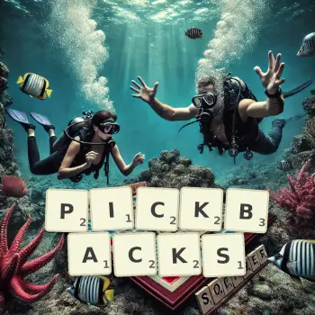 Creative illustration for a Scrabble game with the word PICKBACKS spelled out in tiles on the board.