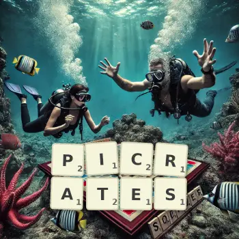 Creative illustration for a Scrabble game with the word PICRATES spelled out in tiles on the board.