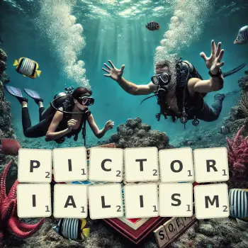 Creative illustration for a Scrabble game with the word PICTORIALISM spelled out in tiles on the board.