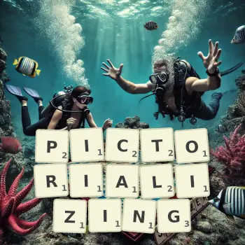 Creative illustration for a Scrabble game with the word PICTORIALIZING spelled out in tiles on the board.