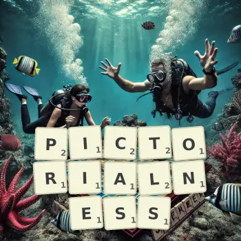 Creative illustration for a Scrabble game with the word PICTORIALNESS spelled out in tiles on the board.