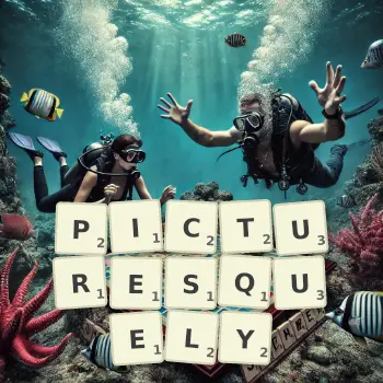 Creative illustration for a Scrabble game with the word PICTURESQUELY spelled out in tiles on the board.