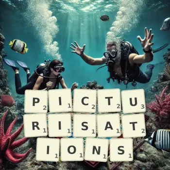 Creative illustration for a Scrabble game with the word PICTURISATIONS spelled out in tiles on the board.