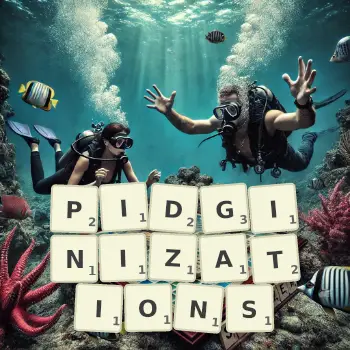 Creative illustration for a Scrabble game with the word PIDGINIZATIONS spelled out in tiles on the board.